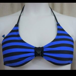 Material Girl Blue/Black Striped Halter Bikini Top
